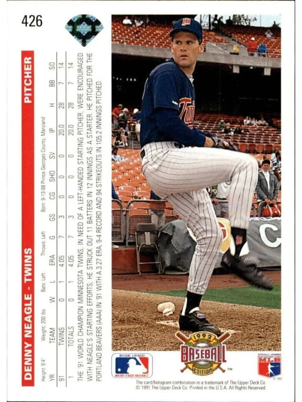 Denny Neagle 1992 Upper Deck MLB #426 Baseball Card Minnesota Twins